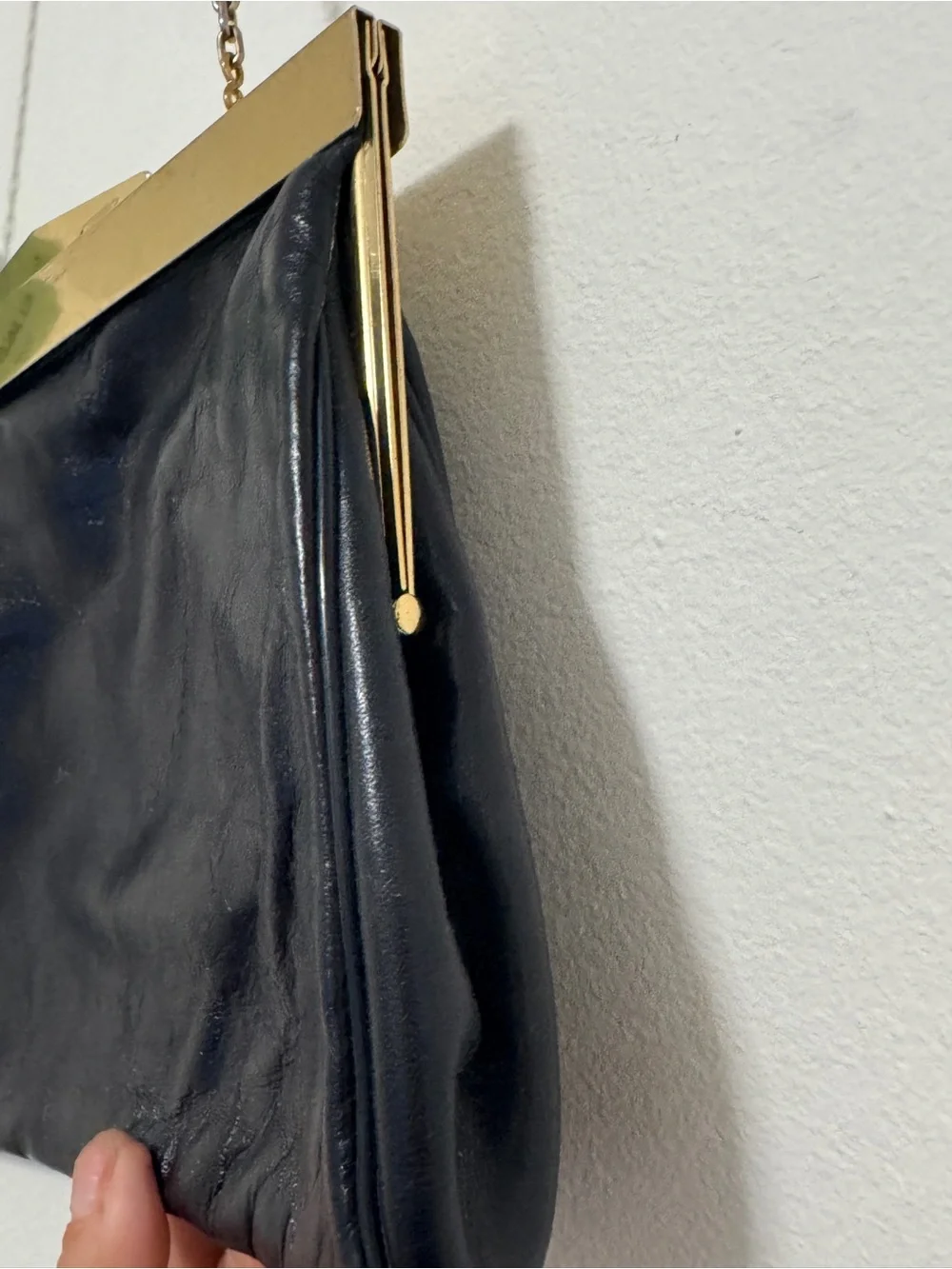 Letrice Vintage Black Leather Frame Clutch Shoulder Bag Gold Tone‎ Chain Purse